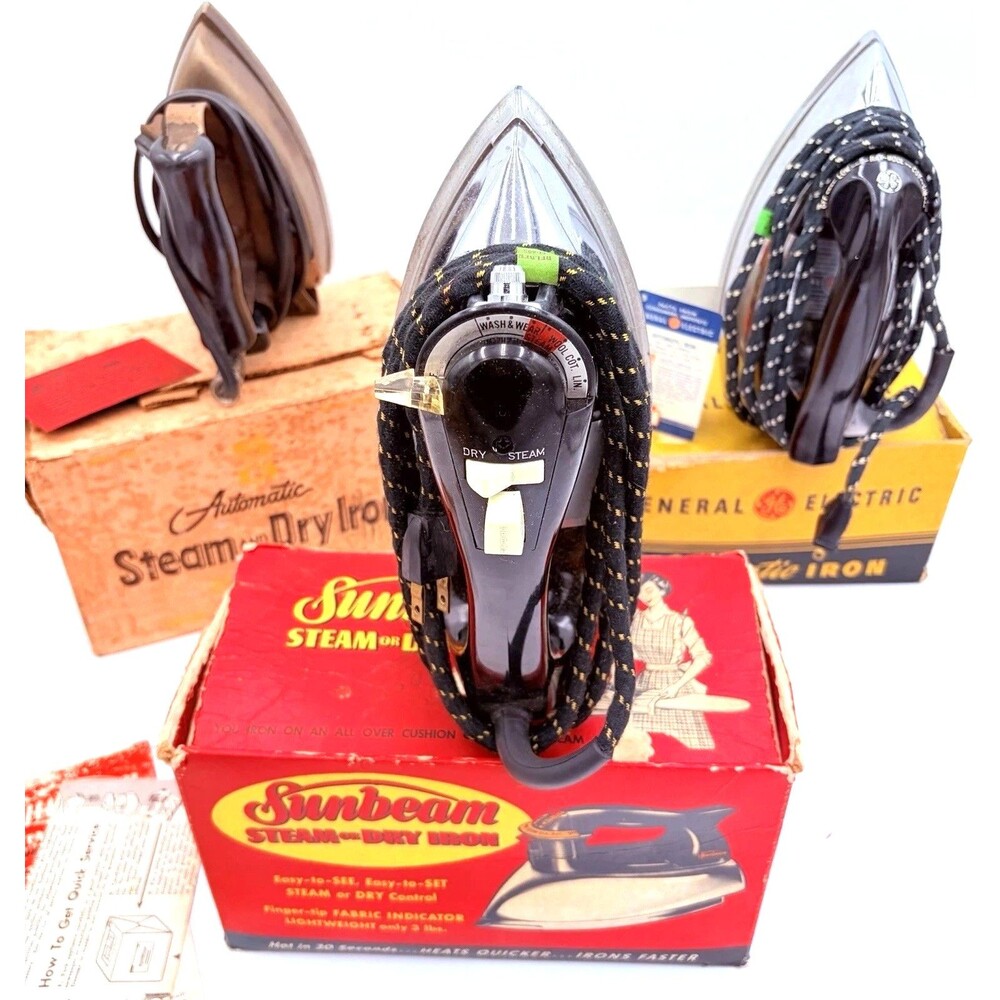 VINTAGE Steam Dry IRON Lot GE Sunbeam Hotpoint WORKING w/ Original Boxes